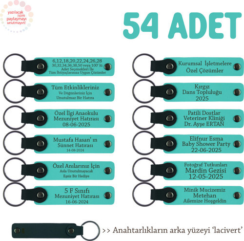 Dershaneler İçin Öğrencilere Hediye 54'Lü Set, Marka Yazılı Hatıra Deri Anahtarlık, Turkuaz & Laci