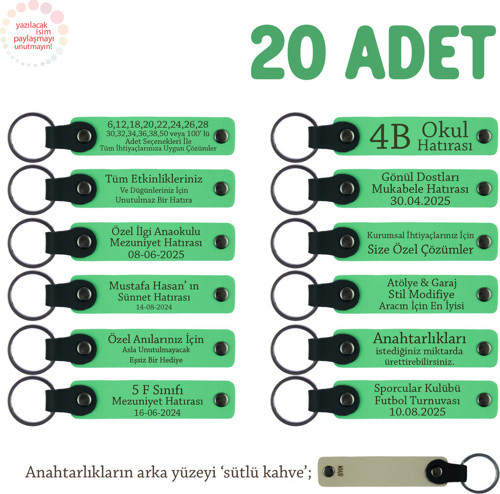 Robotik Kodlama Eğitimine Katılanlara, 20'Li Set, Kişisel Yazılı Deri Anahtarlık, F Yeşil & S Kahve