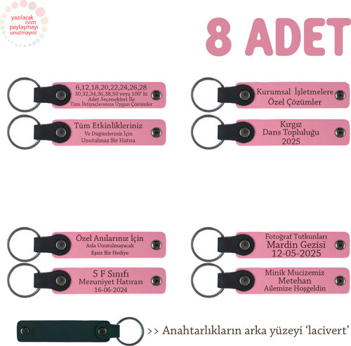 Pembe & Laci, Özel Kutlamalarınız İçin Sevdiklerinize Hediyelik 8'Li Set İsim Yazılı Deri Anahtarlık