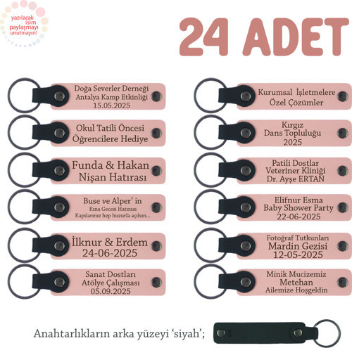Zeka Oyunları Kursu Bitiminde, 24'Lü Set, İsim Yazılabilir Deri Anahtarlık, Pudra & Siyah