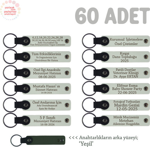 Yıl Sonu Mezuniyet Gecesi Hatırası, 60'Lı Set, Öğrenci İsmi Yazılı Hediye Anahtarlık, Beyaz & Yeşil