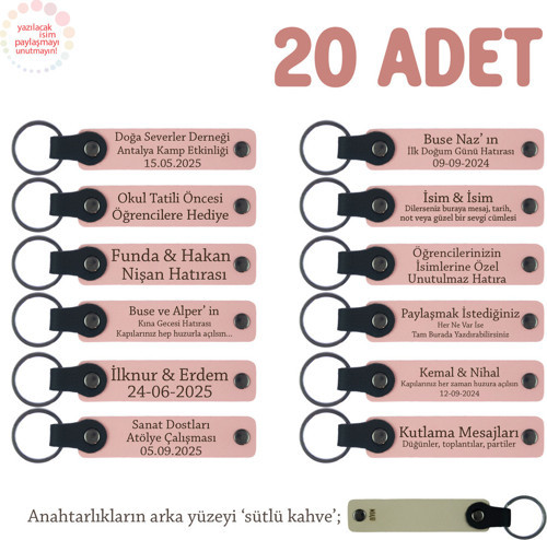 Özel Kutlamalarınız İçin Anı, 20'Li Set, Kişiye Özel İsim Yazılı Deri Anahtarlık, Pudra & S Kahve