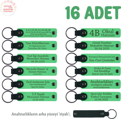 Anaokulu Yıl Sonu Hediyesi, 16'Lı Set, Öğrenci İsmi Yazılı Öğretmene Özel Anahtarlık, F Yeşil & Syh