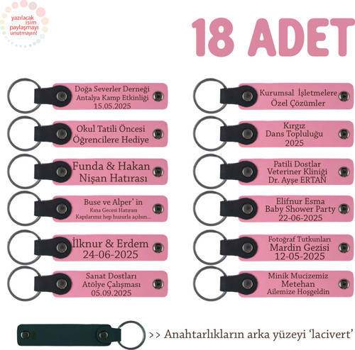 Pembe & Lacivert, Ayrı Ayrı İsim Yazılabilir 18'Li Set, Kişisel Mesajlı Hediye Deri Anahtarlık