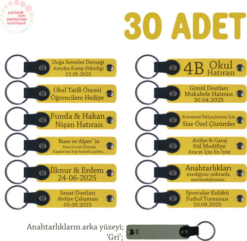 Sarı & Gri, Fizik Öğretmeninden Özel Hediye, 30’Lu Set, Kişiselleştirilebilir Yazılı Deri Anahtarlık