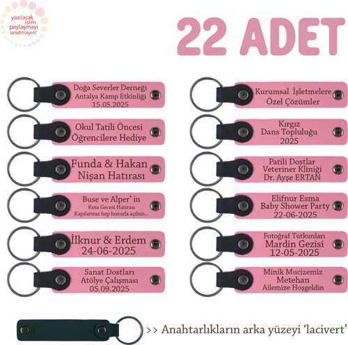 Pembe & Lacivert, Kişiselleştirilebilir Özellikli İsim Yazılabilen 22'Li Set, Deri Anahtarlık