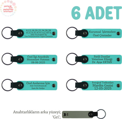 Anaokulu Miniklerine İsimli Karne Hatırası Anahtarlık 6’Lı Set, Öğretmenden Hediye, Turkuaz & Gri