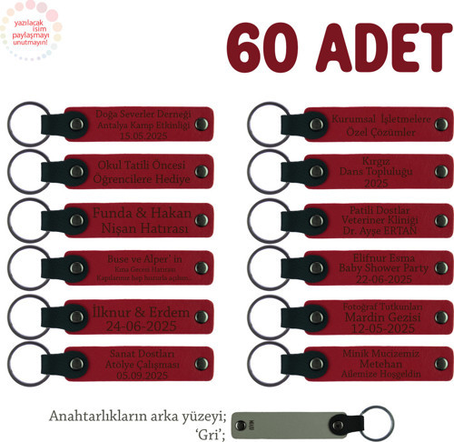 Arkadaş Grubuna Veda Günü Hatırası, 60'Lı Set, Üzerine İsim Yazılan Deri Anahtarlık, Kırmızı & Gri