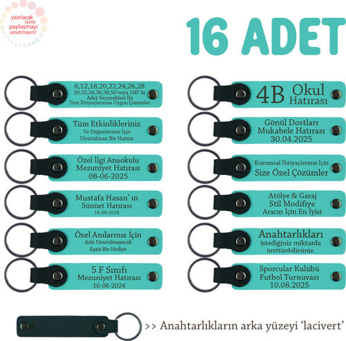 Çok Özel Hediye Arayanlara, 16'Lı Set, İsim Yazılabilir Deri Hatıra Anahtarlık, Turkuaz & Lacivert