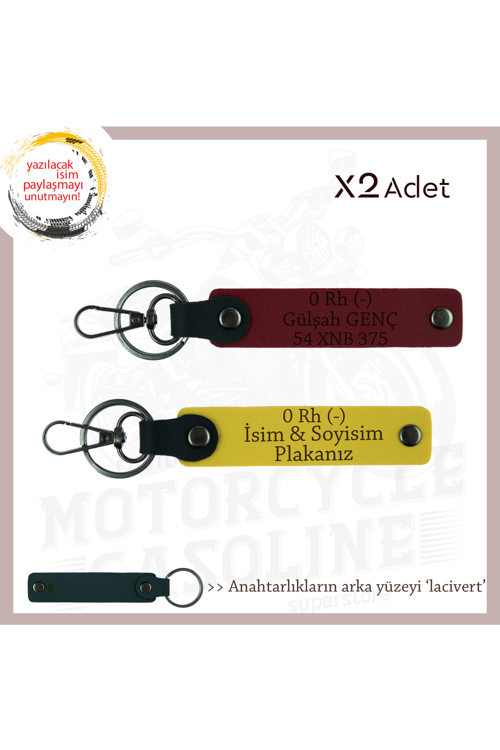 Motor Tutkunlarına, İsim Plaka Ve 0 Rh (-) Kan Grubu Özel Üretim X2' Li Anahtarlık, Sarı-Bordo-Laci