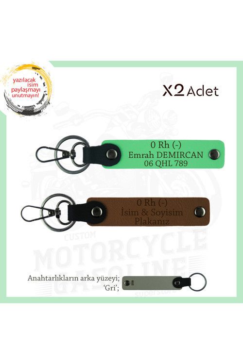 Bikerlar İçin İsim Plaka 0 Rh (-) Kan Grubu Yazılı Özel Tasarım X2 Anahtarlık Set, Kahve-F Yeşil-Gr
