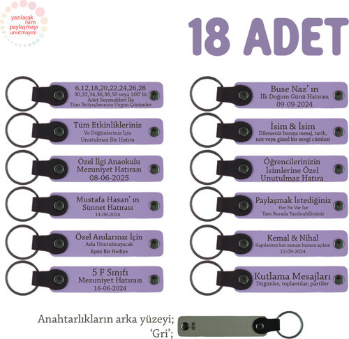 Anaokulu İçin İsim Yazılı Karne Hatırası Anahtarlık 18’Li Set, Öğrencilere Özel, Mor Menekşe & Gri