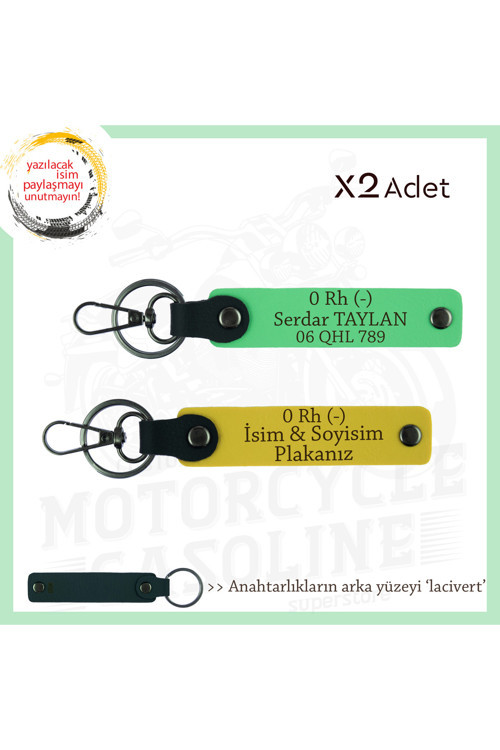 Bikerlar İçin Özel İsim Plaka, 0 Rh (-) Kan Grubu Yazılı Hediyelik X2 Anahtarlık, Sarı-F Yeşil-Laci