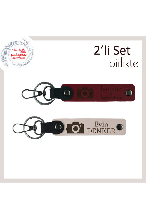 Doğum Gününe Uygun Özel İsim Yazılı Deri Anahtarlık, Fotoğraf Temalı Sanatsal Hediye, Bordo-Pudra
