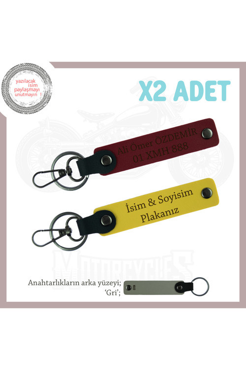 Kurye Tarzına Uyum Sağlayan Deri Anahtarlık Takımı – Plaka & İsimli X2, Sarı-Bordo-Gr