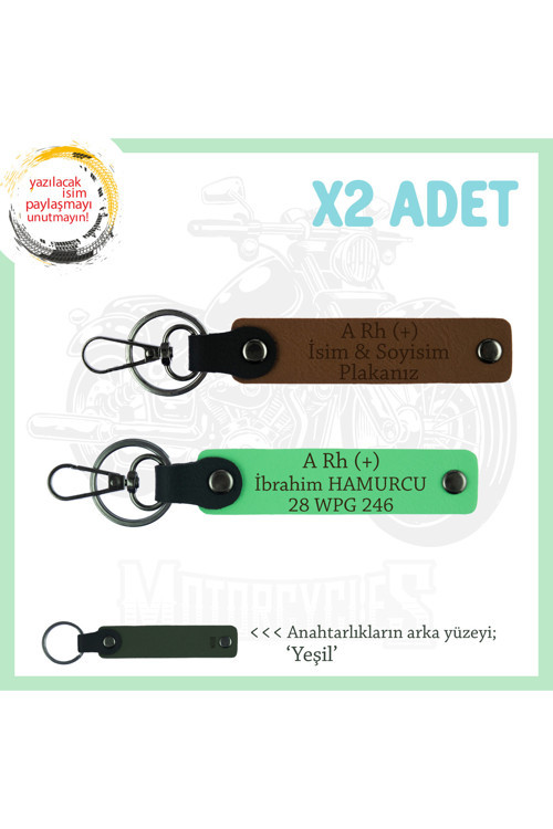 Bikerlar İçin, İsim Plaka Ve A Rh (+) Kan Grubu, Özel Tasarım X2 Anahtarlık Set, Kahve-F Yeşil-Ysl