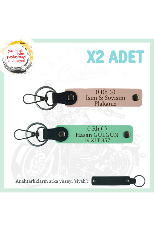 Motor Severlere Özel İsim Plaka, 0- Kan Grubu Yazılı Özel Tasarım X2 Anahtarlık, Yavruağzı-Yeşil-Syh