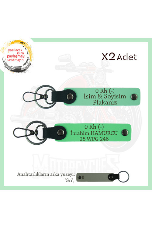 Motosiklet Aşıklarına Özel, İsim Plaka Ve 0 Rh (-) Kan Grubu Yazılı X2 Anahtarlık, Yeşil-F Yeşil-Gr