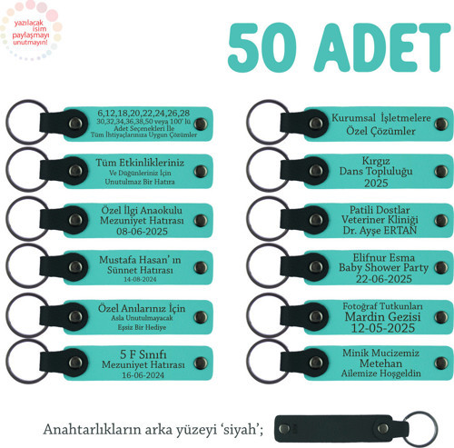 Sünnet Töreni İçin İsim Yazılabilen Anı & Hatıra Anahtarlıkları 50’Li Set, Turkuaz & Siyah