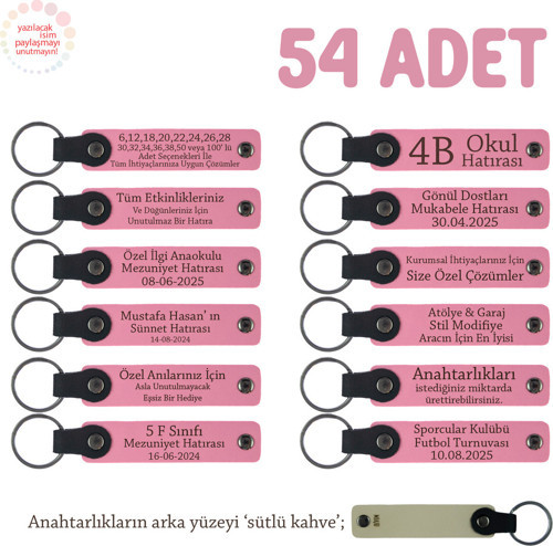 Pembe & S Kahve, Babyshower Anılarına Değer Katacak, 54'Lü Set, Kişisel Mesaj Yazılı Deri Anahtarlık