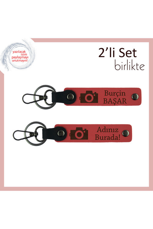 Karelere Dokunan Hatıra, Kamera Temalı, İsme Özel Deri Anahtarlık Takımı, Nar Çiçeği-Nar Çiçeği