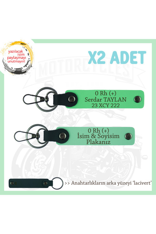 Motosiklet Sürücüsüne Özel İsim Plaka Ve 0 Rh (+) Kan Grubu Yazılı X2 Anahtarlık, Yeşil-F Yeşil-Laci