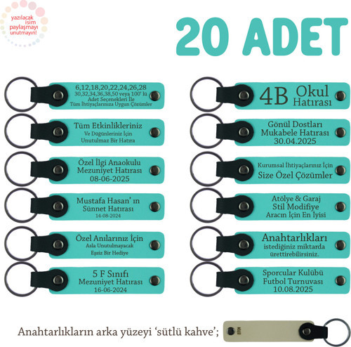Robotik Kodlama Eğitimine Katılanlara, 20'Li Set, Kişisel Yazılı Deri Anahtarlık, Turkuaz & S Kahve