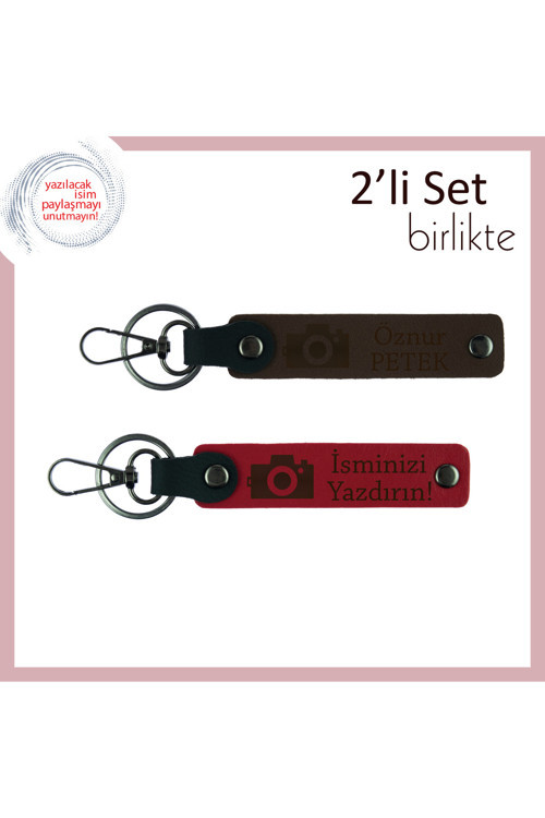 Fotoğraf Makinesi Motifli 2’Li Anahtarlık, Anı Sevenlere Özel Hediyelik Takım, Koyu Kahve-Kırmızı