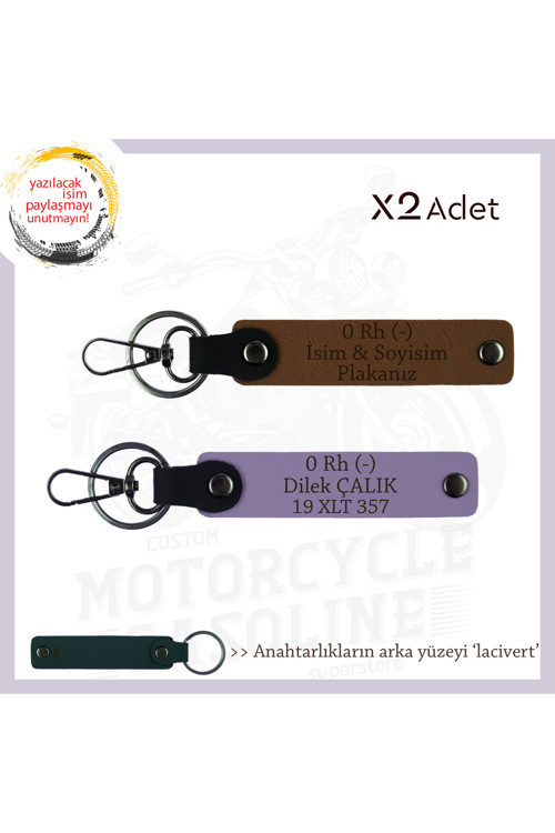 Motorcu Dostlara Hatıra, İsim Plaka Ve 0 Rh (-) Kan Grubu Yazılı Özel X2 Anahtarlık, Kahve-Mor-Laci