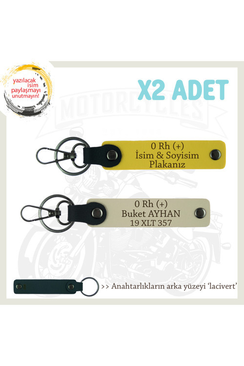 Elektrikli Araçlara Uygun İsim Plaka Ve 0 Rh (+) Kan Grubu Yazılı 2'Li Anahtarlık, Sarı-S Kahve-Laci