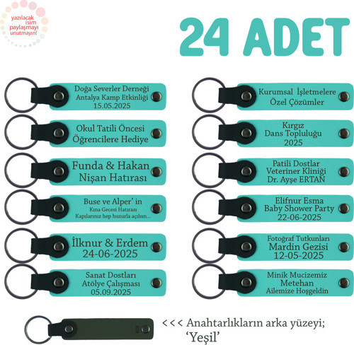 Tüm Özel Kutlamalar İçin Hediye Anahtarlık 24'Lü Set, İsim Ve Mesaj Yazılabilir, Turkuaz & Yeşil