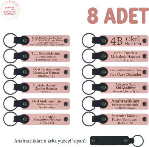 Sevdiklerinize Özel Hediyeler, 8'Li Set, İsme Yazılan Deri Hediyelik Anahtarlık, Pudra & Siyah