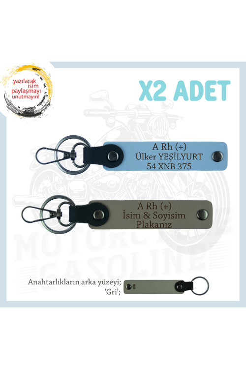Motosiklet Aşıkları İçin, İsim Plaka Ve A Rh (+) Kan Grubu Yazılı X2 Anahtarlık Set, Kül Gri-Mavi-Gr