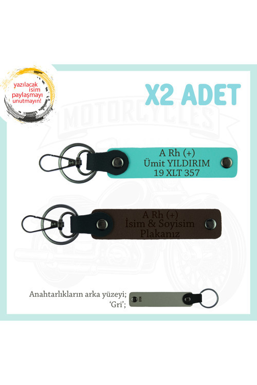 Motor Severlere Hediye, İsim Plaka Ve A Rh (+) Kan Grubu Yazılı X2'Li Anahtarlık, K Kahve-Turkuaz-Gr