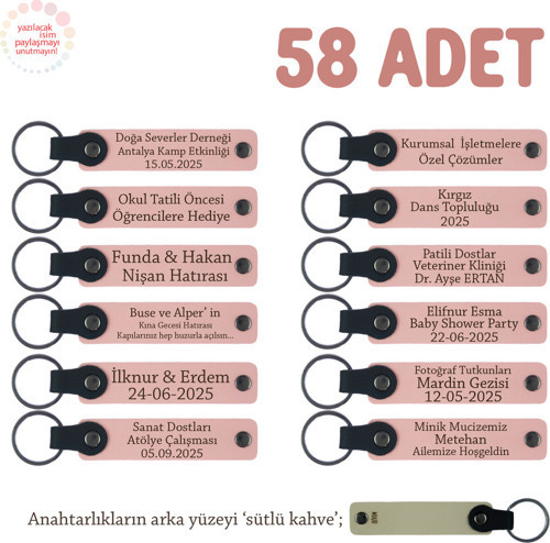 Kurumsal İmajınızı Yansıtan Hediyelik 58'Li Set, Firma İsimli Deri Anahtarlık, Pudra & Sütlü Kahve