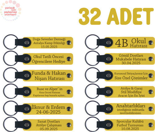 Sarı, Yeni Evlenen Aile Üyelerine Hatıra Olarak, 32’Li Set, Kişiye Özel Deri Anahtarlık