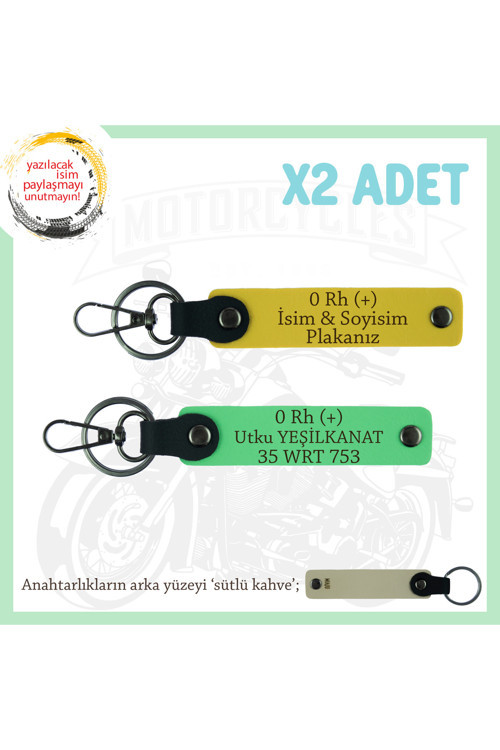 Bikerlar İçin Özel, İsim Plaka Ve 0 Rh (+) Kan Grubu Yazılı Hediyelik X2 Anahtarlık, Sarı-F Yeşil-Sk