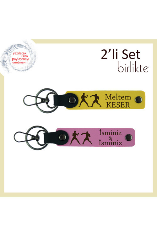 Usta-Öğrenci Saygısını Yansıtan, İsme Özel Yazılı 2’Li Anahtarlık, Dövüş Temalı, Sarı-Pembe