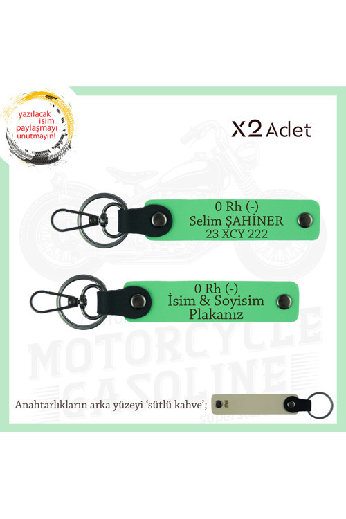 Motosiklet Tutkunlarına, İsim Plaka Ve 0 (-) Kan Grubu Yazılı Acil Durum X2 Anahtarlık, F Yeşil-Sk