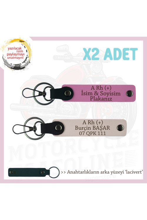 Motorcuya, İsim Plaka Ve A Rh (+) Kan Grubu Yazılı Özel Tasarım Deri X2 Anahtarlık, Pudra-Pembe-Laci