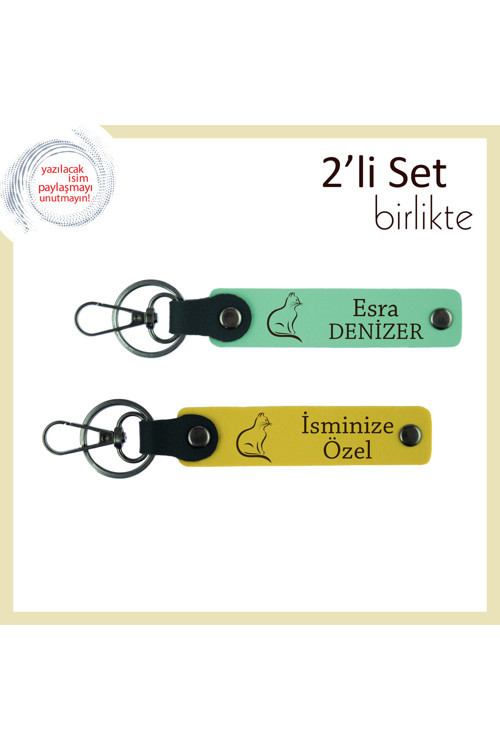 Tüylü Aşkınızı Simgelesin, Kedi Temalı, Kişiye Özel Yazılı Anahtarlık Seti, Açık Yeşil-Sarı
