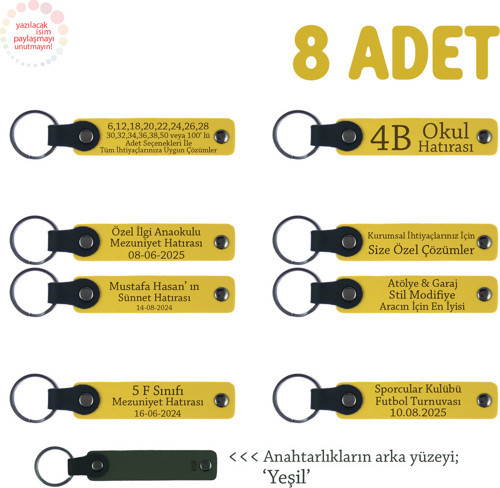 Sarı & Yeşil, Kuryelere Anlamlı Teşekkür Hediyesi, 8’Li Set, Kişiye Özel Yazılı Deri Anahtarlık