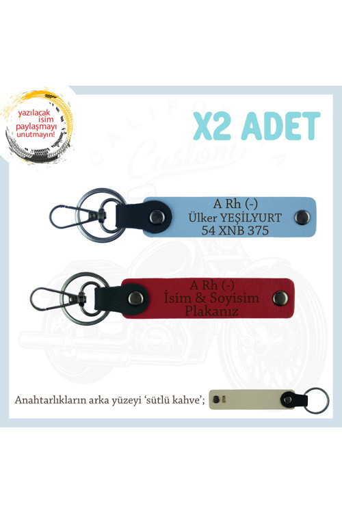 Biker Stiline Özel, İsim Plaka Ve A- Kan Grubu Yazılı Anlamlı Motor X2 Anahtarlık, Kırmızı-Mavi-Sk