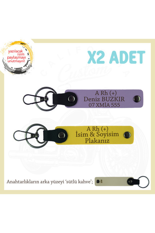 Hız Tutkunlarına Özel, İsim Plaka Ve A Rh (+) Kan Grubu Yazılı Deri X2' Li Anahtarlık, Mor-Sarı-Sk
