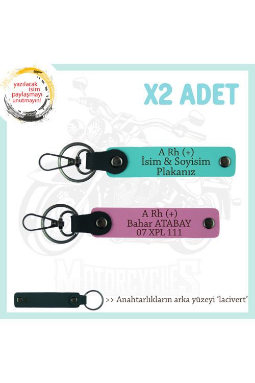 Macera Aşıklarına Özel, İsim Plaka Ve A Rh (+) Kan Grubu Yazılı X2 Anahtarlık, Pembe-Turkuaz-Laci