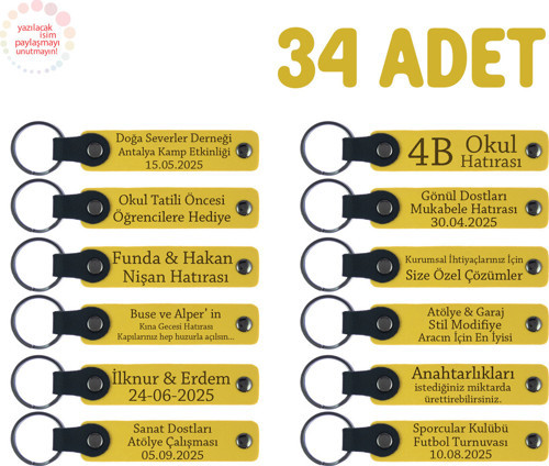 Sarı, Ailede Birlik Ve Bağı Simgeleyen Hediye, 34’Lü Set, Kişiselleştirilebilir Yazılı Anahtarlık