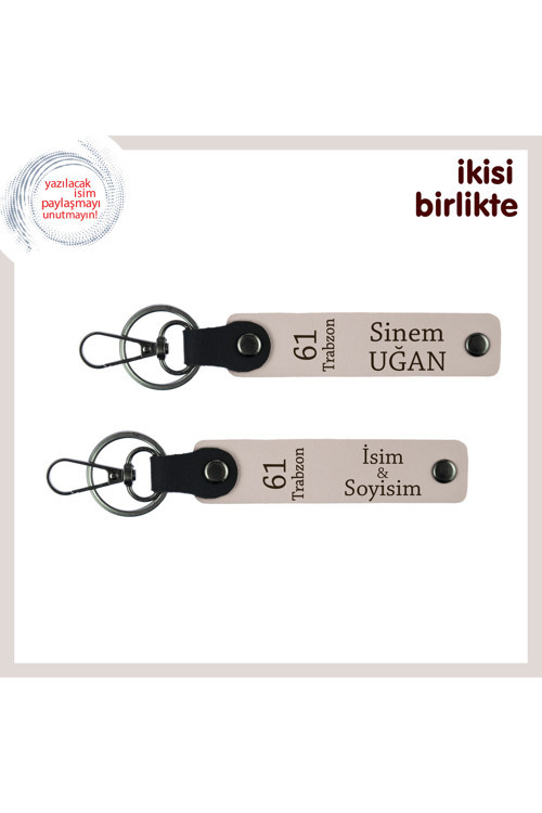 61 Trabzon Yazılı Deri Anahtarlık X2'Li Set, İsminize Özel Üretim, Hediyelik, Pudra-Pudra