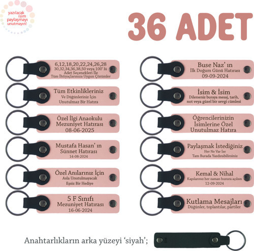 Atölye Ekibine Özel Üretim, 36'Lı Set, Kişiselleştirilebilir Deri Anahtarlık Hediye, Pudra & Siyah