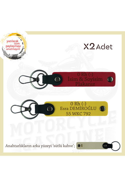 Motor Severlere Özel, İsim Plaka Ve 0 Rh (-) Kan Grubu Yazılı Hediye X2 Anahtarlık, Kırmızı-Sarı-Sk