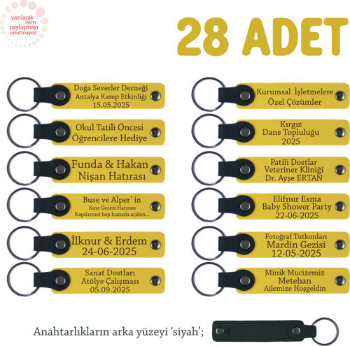 Sarı & Siyah, Tatil Anısı Olarak Sunulacak, 28’Li Set, İsim Yazılabilir Deri Hediyelik Anahtarlık